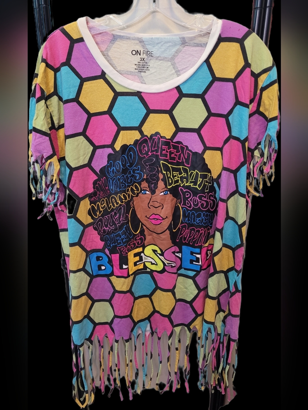 On Fire Multicolor Honeycomb 'Blessed' Fringe Graphic Tee